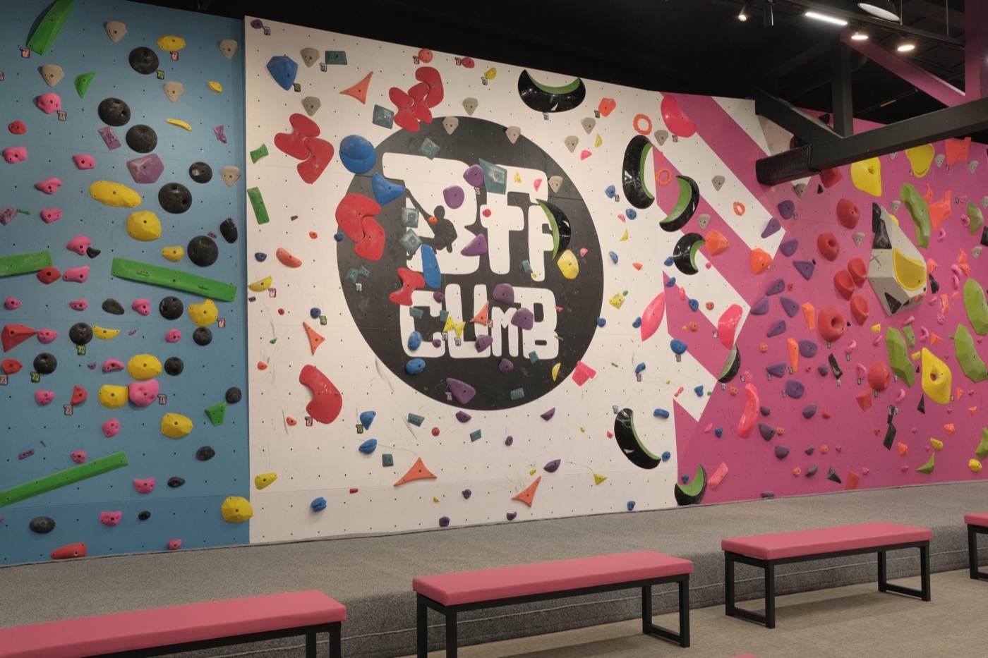 Freshly set routes on a BFF climbing wall